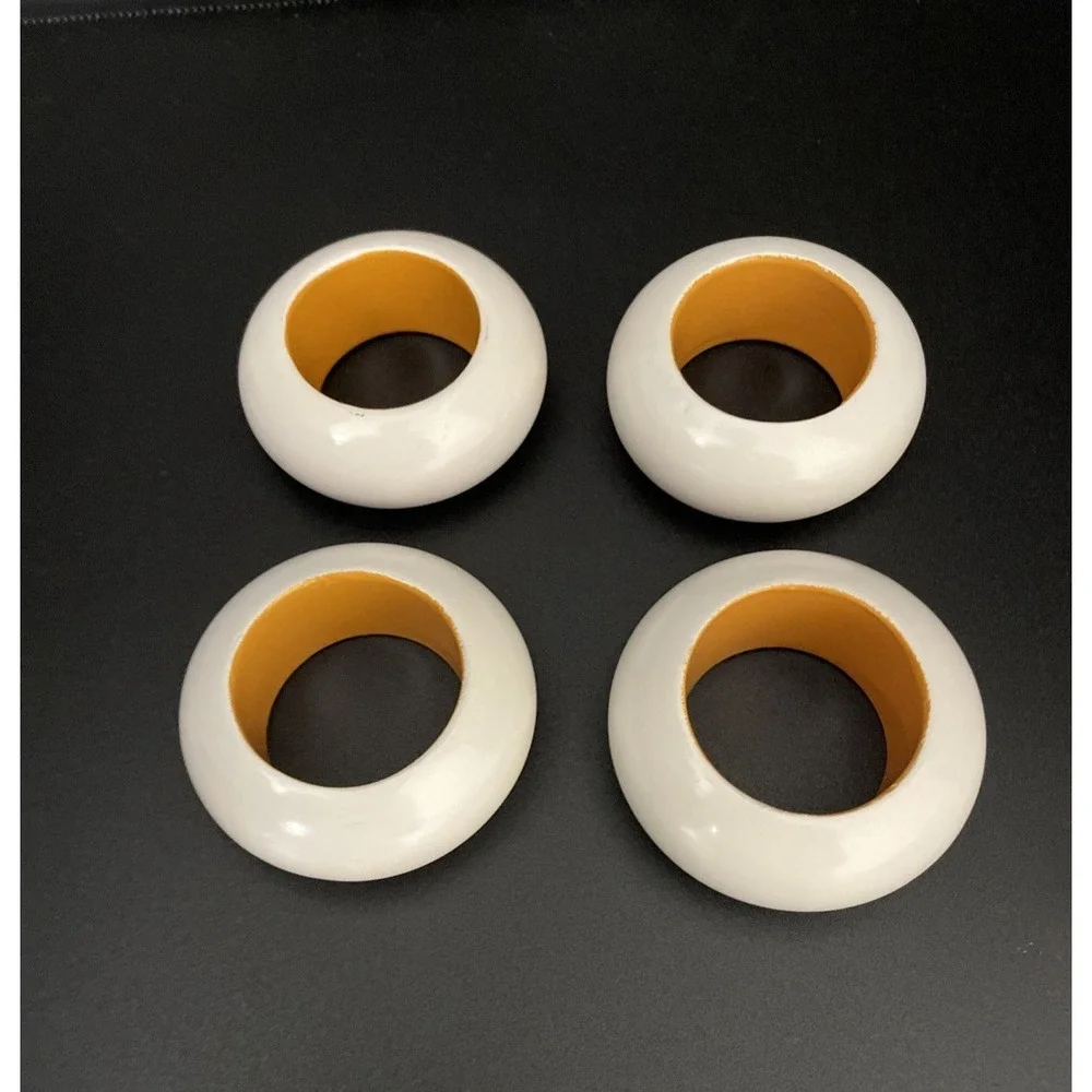 Vintage Mod Wood Napkin Rings White Yellow/Orange Set of 4 Retro